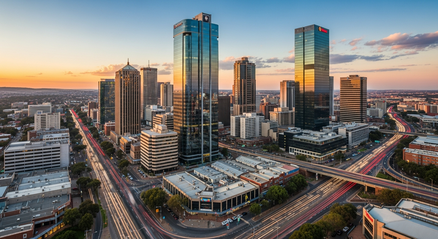 AI_IMAGE: Aerial view of a busy South African business district with modern skyscrapers and highways at golden hour, warm sunset tones reflecting off glass buildings, professional corporate cityscape photography | photorealistic | landscape