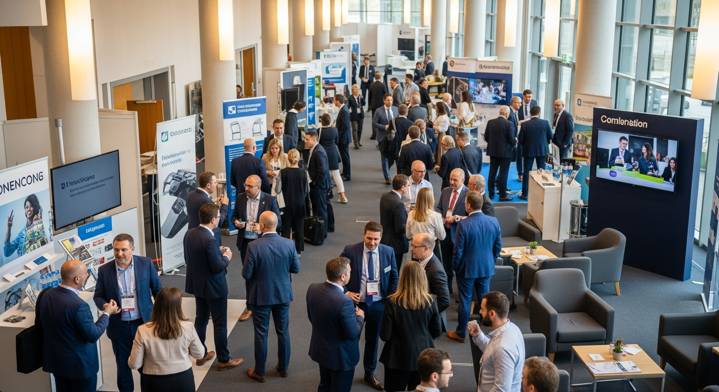 AI_IMAGE: Bird's eye view of a diverse group of business professionals networking at a corporate conference event, name badges visible, modern convention centre interior with ambient lighting and exhibition stands | photorealistic | landscape