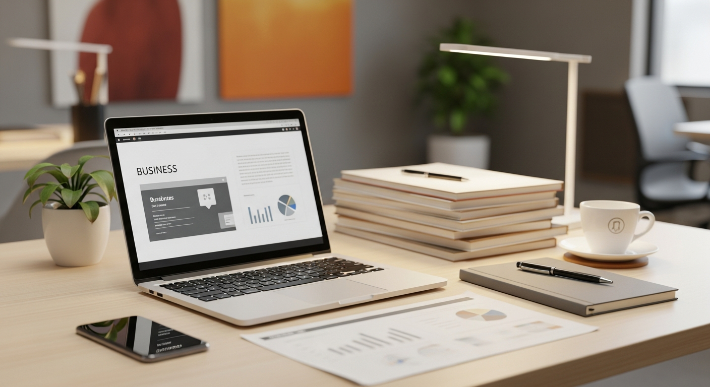 AI_IMAGE: Professional business workspace with laptop, documents and a coffee cup on a modern desk, soft natural light, warm tones, clean corporate atmosphere | photorealistic | landscape